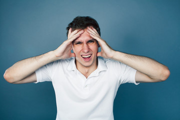 young goofy man with pimples pointing gesturing in studio, stupid bookwarm little crazy, lifestyle...