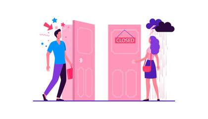 Woman standing in rain and thunderstorm at close door. Man coming by open door with festive confetti. Vector illustration for gender inequality, business discrimination, social issues concept