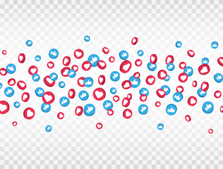 Like and thumbs up icons border on transparent background. Social media elements. 3d social network symbol. Counter notification icons frame. Emoji reactions. Vector illustration