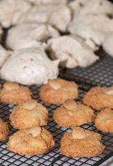 Passover (Pesach) baking - almond macaroon cookies and coconut meringue cakes, presented on a wire cooling tray.