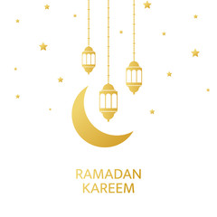 Ramadan Kareem greeting card. Golden lanterns, crescent and stars hanging on white background. Luxury gold design elements for banner, poster, invitation. Muslim islamic feast. Vector illustration