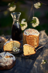 Traditional russian Easter cottage cheese dessert. Orthodox paskha, kulich cakes on table.
