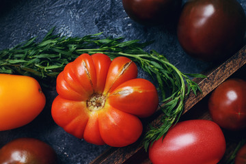 Mix of colorful raw fresh tomatoes and herbs on dark stone table and old wooden board