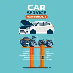 Fotobehang The car on the lift in the car service is divided into two - body part and mechanical part. Components of vehicle systems are shown. © Antonio Kalini