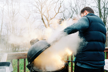 BBQ goes wrong, the steak is on fire