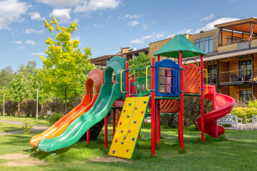 Playground for children in the yard. Playground is close-up. Children sport activity concept. Background horizontal format