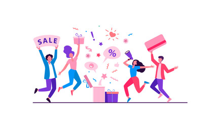 Customers celebrating sale. People holding gift, credit card, loudspeaker, dancing, having fun. Vector illustration for loyalty program, promotion, customer reward concept