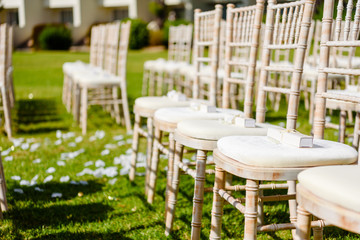 Amazing wedding decoration setting on sunny day.