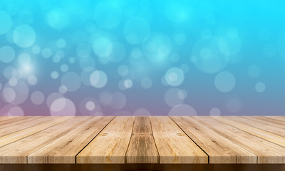 Empty wooden table with a beautiful colour bokeh background