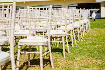 Amazing wedding decoration setting on sunny day.
