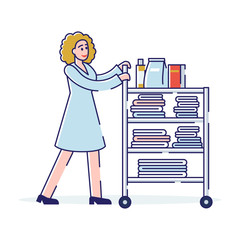 Concept Of Room Service, Cleaning Hotel Rooms. Female Character Pushing The Cart With Clean Towels And Cleaning Agents. Chambermaid with Clean Towels. Cartoon Linear Outline Flat Vector Illustration