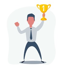 Cartoon male character with a winner's cup. Vector illustration