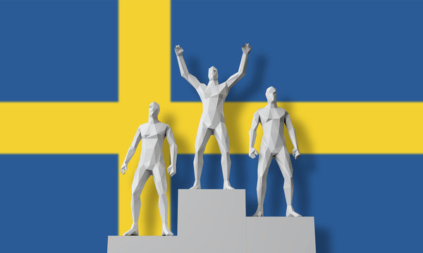 Sweden winner.People stood on a winners podium celebrating. 3D Render