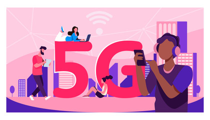 Young people using 5G high speed wireless internet connection. Men and women using digital devices with free city Wi-Fi. Vector illustration for telecom, smart city buildings concept