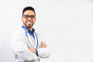 Fototapeta premium Latin American Young Doctor Over a White Background.