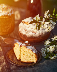Traditional russian Easter cottage cheese dessert. Orthodox paskha, kulich cakes on table.