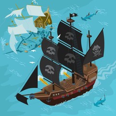 Pirat ship battle isometric illustration cartoon style vectors on sea adventure fantasy map and game builder with sinking ship - obrazy, fototapety, plakaty