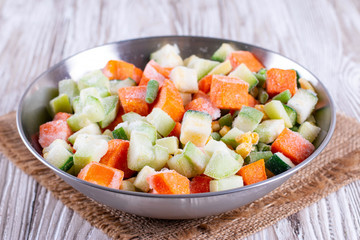 Frozen vegetables in a metal bowl