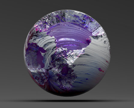 3d render of art broken sphere or damaged abstract planet earth or moon, with big craters, in the centre big glass purple ball in purple color with organic pattern rough surface, on dark grey back   