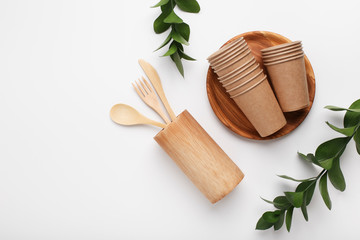 Fototapeta na wymiar Set of eco friendly wooden and paper cutlery