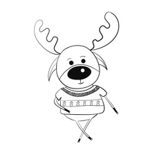 Cute elk in a sweater with snowmen, children's vector hand drawn illustration