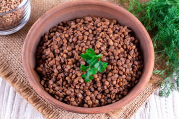 Boiled lentils close up