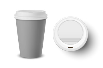 Vector 3d Realistic Gray Disposable Closed Paper, Plastic Coffee Cup for Drinks with White Lid Set Closeup Isolated on White Background. Design Template, Mockup. Top and Front View