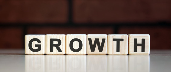 GROWTH - business financial concept on on a dark brick background. Wooden cubes with text