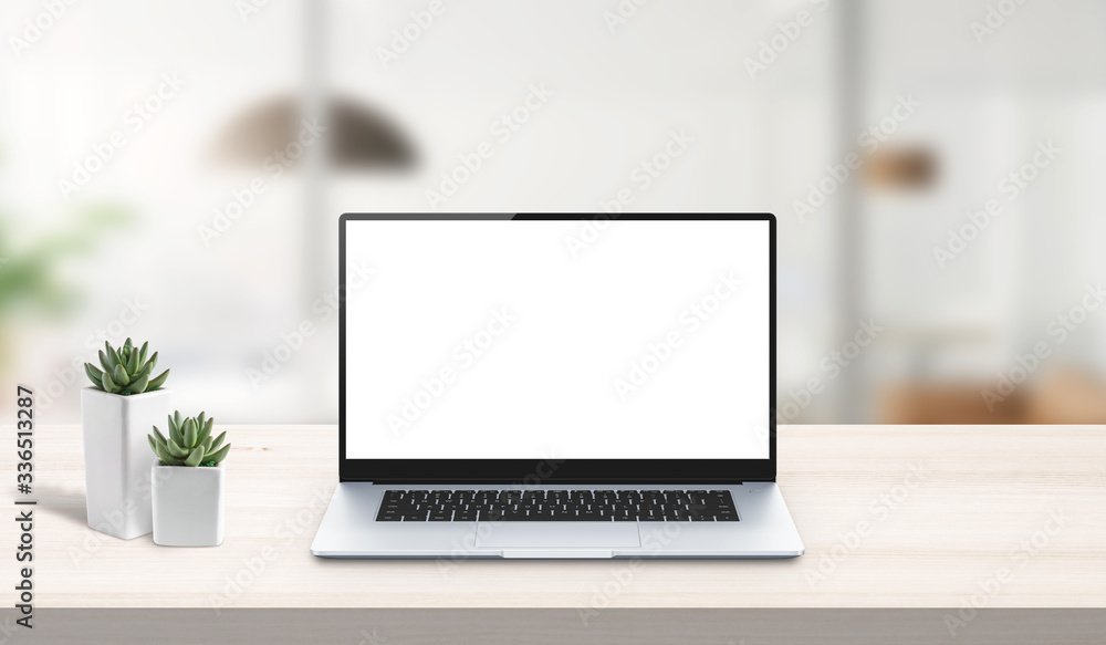 Wall mural laptop mockup on work desk. office desk, business composition. isolated screen for app or web site d