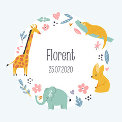 Cute vector card with funny animals. Floral wreath