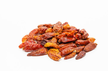 Piri piri. Dried red bird's eye chili pepper isolated on white background
