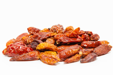 Piri piri. Dried red bird's eye chili pepper isolated on white background