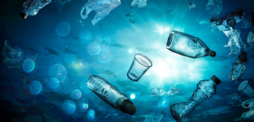 Plastic Pollution In Ocean - Underwater Shine With garbage Floating On Sea - Environmental Problem
