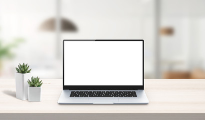 Laptop mockup on work desk. Office desk, business composition. Isolated screen for app or web site design presentation. Scene creator with isolated layers