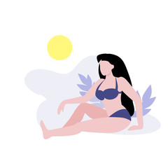 Vector illustration of white woman on the beach sitting under the sun. Woman in purple swim suite or bikini tanning on vacation. Relaxing body positive woman on weekend concept. Flat design