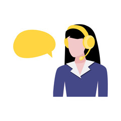 Vector illustration of woman with headphones with microphone. Worker of call centre. Freelance woman job. Online help and consultation, remote work