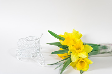 A bouquet of yellow flowers daffodils and a miniature Bicycle on a white background