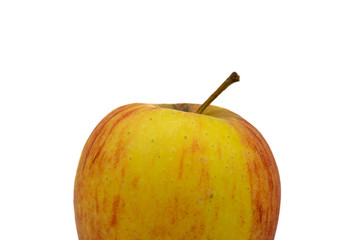 a close up of the top half of a Gala apple showing the stem