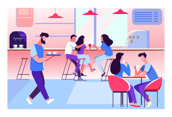 Coffee shop interior vector illustration. Young men and women drinking coffee at tables or counter. Modern cafe image for canteen or catering concept