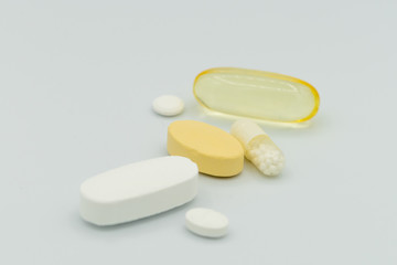 A close up of Various pills or or medication using selective focus