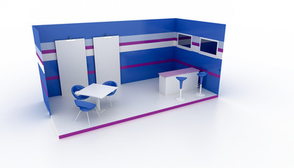 Corporate booth, blue color, isolated on white, with copy space. Original 3d rendering