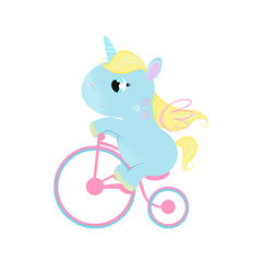 Cartoon unicorn with wings riding bike. Fantasy concept. illustration can be used for topics like fairytale, children, dream, myth