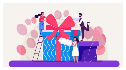 Friends celebrating birthday, packing gifts. People standing at present boxes, holding tag. Vector illustration for surprise, party, festive event, loyalty program reward concept
