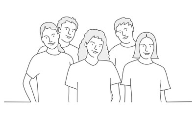 Group of people. Volunteers. Students. Line drawing vector illustration.