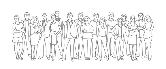 Group of business people. Teamwork. Line drawing vector illustration.