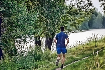Obraz premium Drawing of a running boy in park in summer morning.