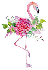 Watercolor illustration of flamingo and flowers, for wedding cards, romantic prints, fabrics, textiles and scrapbooking. - 336517051