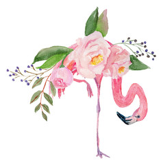 Watercolor illustration of flamingo and flowers, for wedding cards, romantic prints, fabrics, textiles and scrapbooking. - 336517085