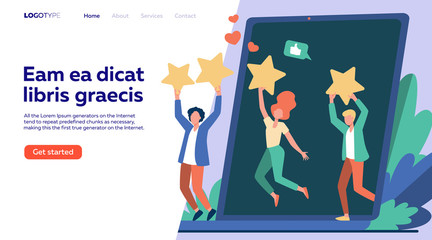 Customer review evaluation flat vector illustration. Clients holding stars over their heads and getting comments and feedback. Quality assessment and rating concept