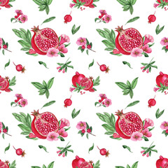 Watercolor seamless pattern of pomegranate fruit, for wedding cards, romantic prints, fabrics, textiles and scrapbooking. - 336517266
